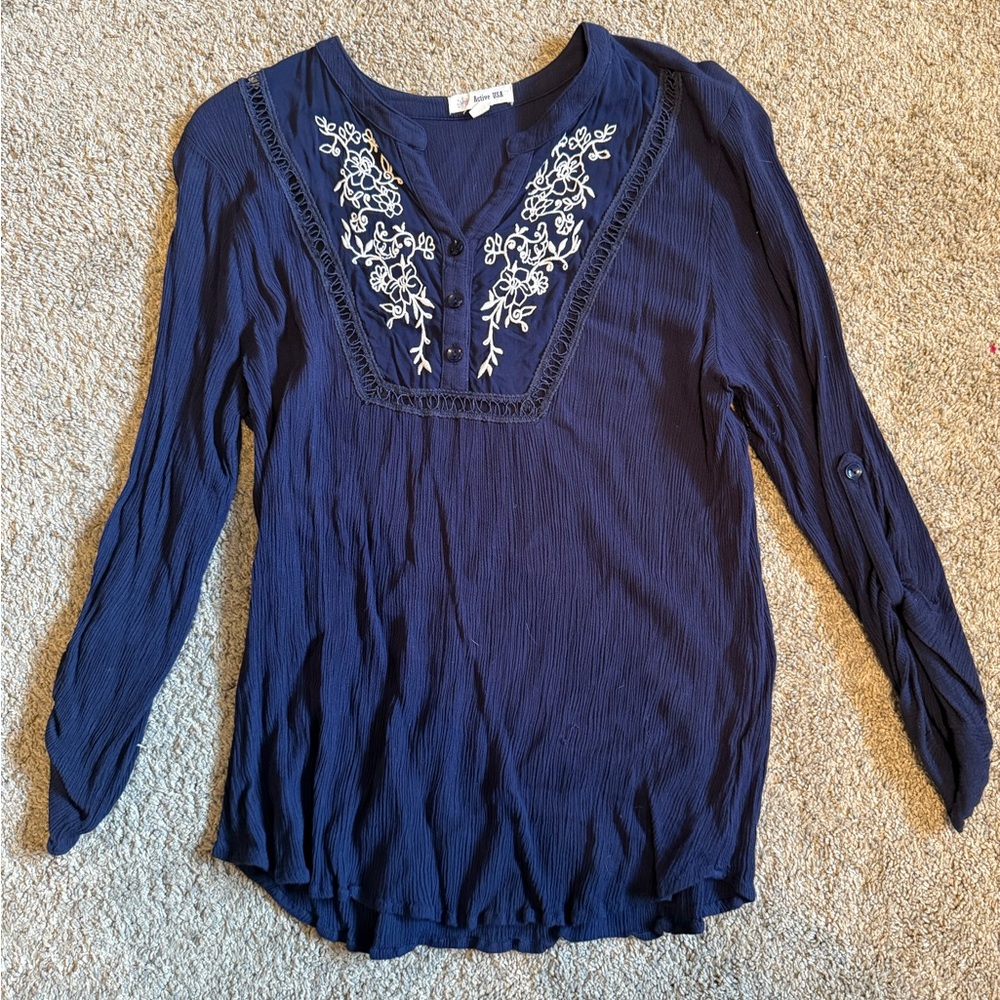 Active USA Navy Blouse with Ivory Embroidery